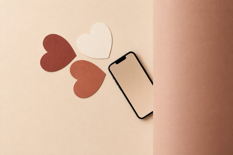 Three paper hearts beside a smartphone on warm cream paper
